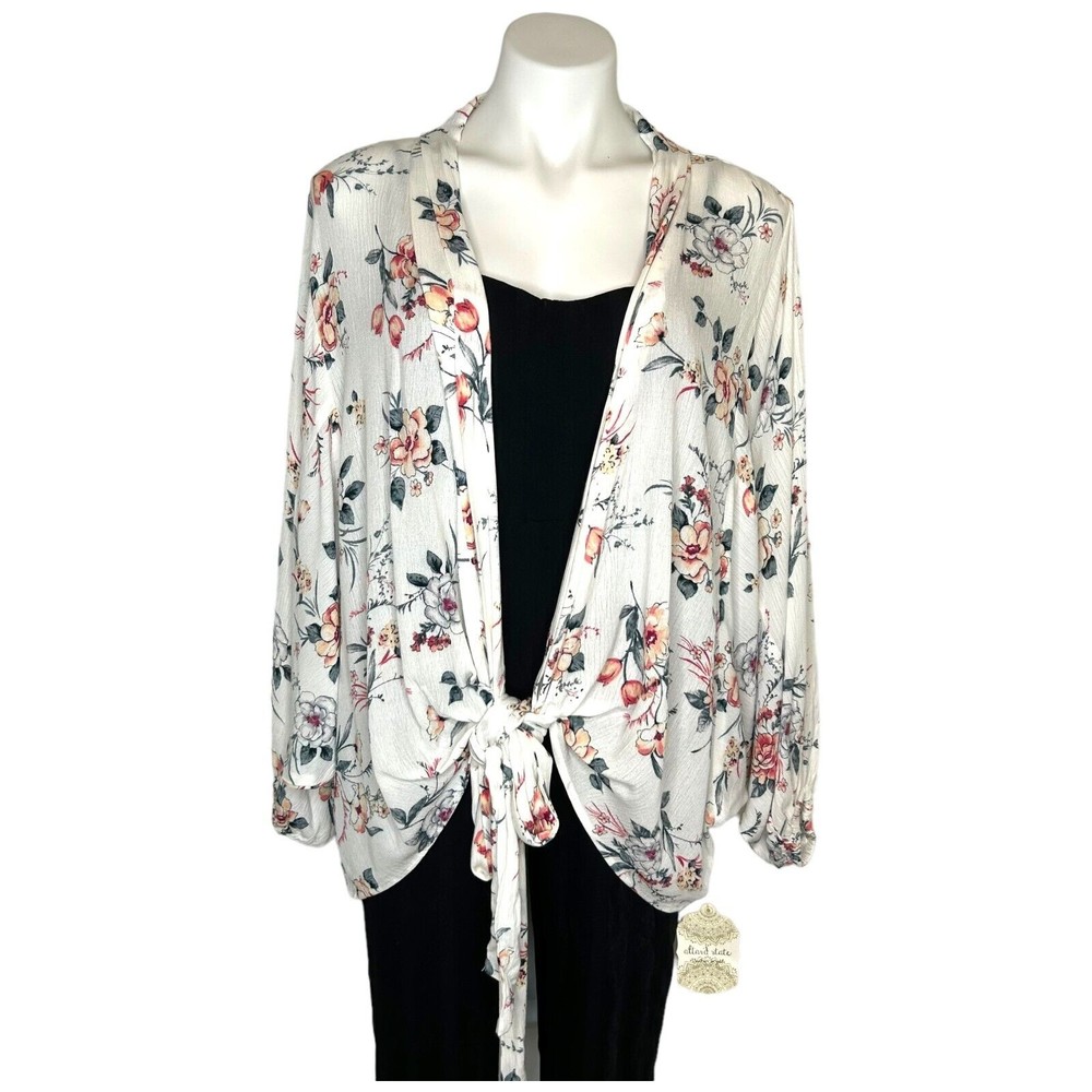 New ALTAR'D STATE Ivory Multi 3/4 Sleeve Tie Front Floral Kimono Blouse Size M